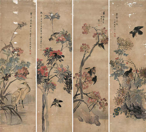 任伯年（1840-1895） 花鸟四屏 镜芯 设色纸本