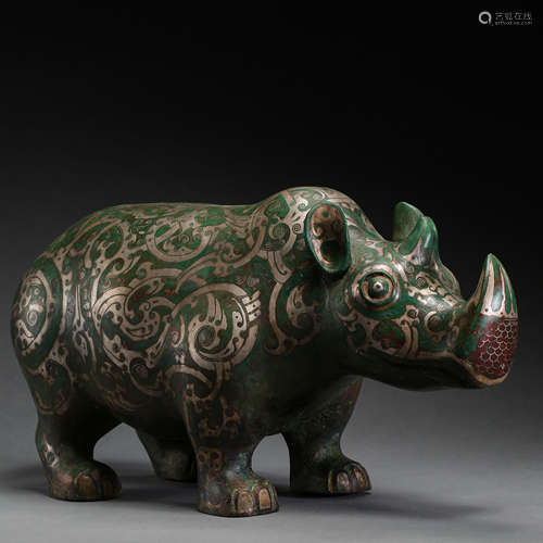 CHINESE BRONZE BULL INLAID WITH SILVER 