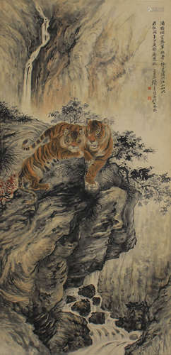 Chinese Painting Of Two Tigers In The Mountains