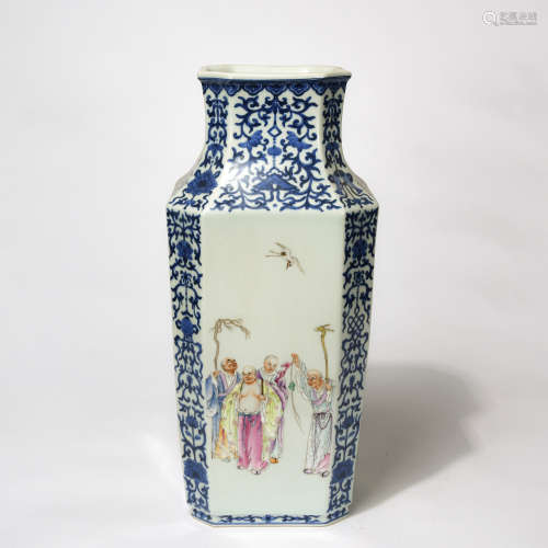 Chinese Blue White Famille Rose Figure Story Square Vase