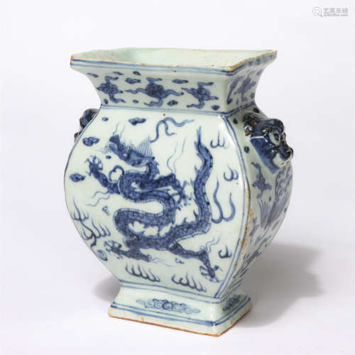 Chinese Blue White Dragon Pattern Beast Handles Square Vase