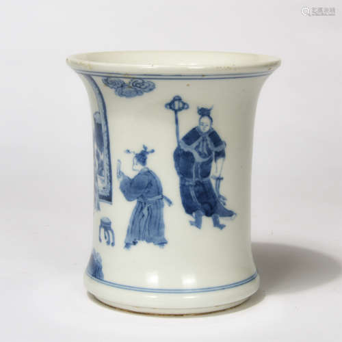 Chinese Blue White Figure Story Porcelain Brush Pot
