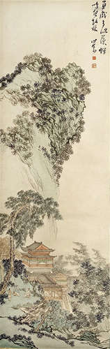 Chinese Painting Of Figures And Pavilions In The Mountains