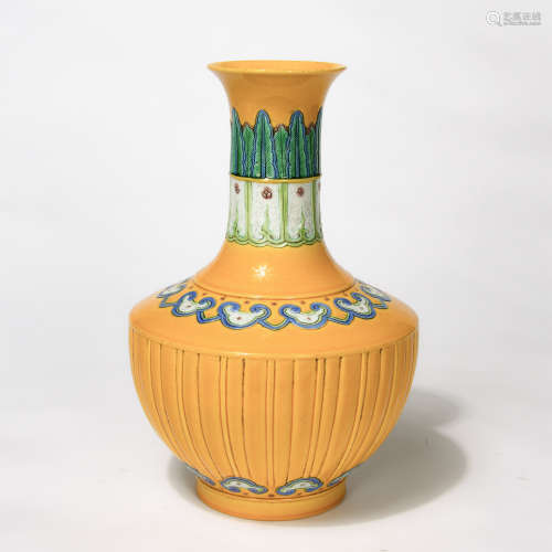 Chinese Yellow Ground Engraved Pattern Famille Rose Vase