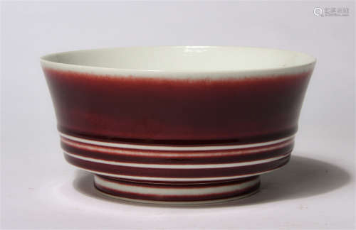 Chinese Red Glaze Horizontal Ring Decorated Porcelain Bowl