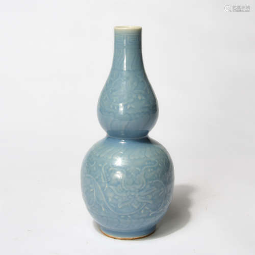 Chinese Sky Blue Glaze Engraved Flower Gourd Shape Vase