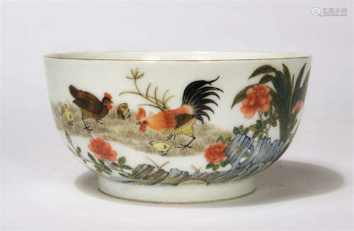 Chinese Famille Rose Flower And Chicken Porcelain Bowl