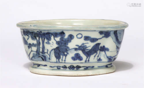 Chinese Blue White Deer And Pine Tree Oval Basin