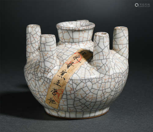 Chinese Ge Ware Porcelain Vase With Five Tubes, Crack Glazed