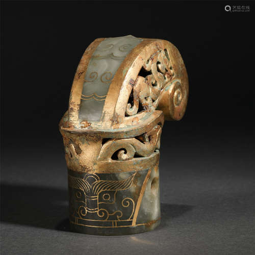 Chinese Jade Ornament, Gold-Decorated, With Beast Patterns