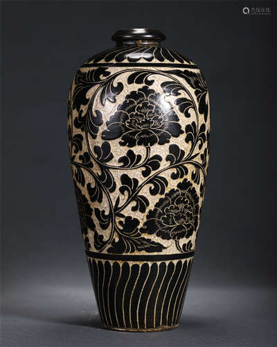 Chinese Cracked Glazed Plum Vase With Carved Peonies Designs