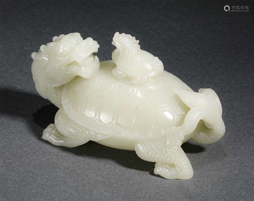 Chinese White Jade Ornament, Mother-And-Son Beast Design