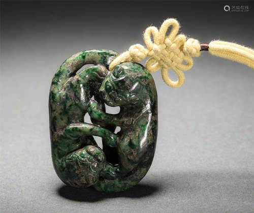 Chinese Jadeite Hollow Carving Pendant, Double Beasts Design