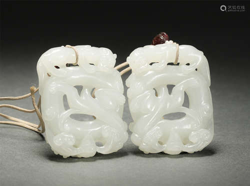 Pair Of Chinese Hetian White Jade Tablet Pendants, Beast Patterns