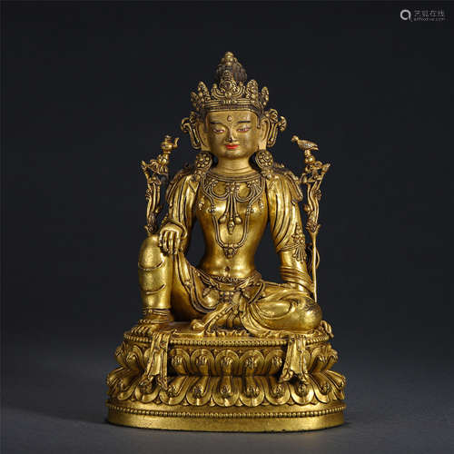 Chinese Gilt Bronze Statue Of Buddha Sits On Lotus Pedestal