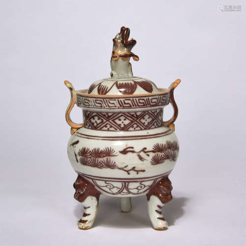 Chinese Underglaze Red Porcelain Censer With Lion Head Handle Lid