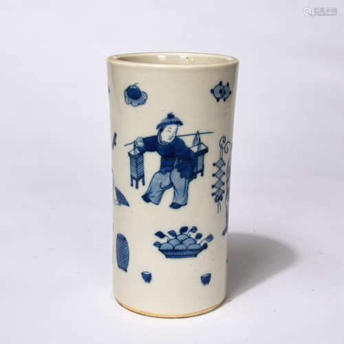 Chinese Blue And White Figure Story Porcelain Brush Pot