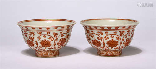 Pair Of Chinese Iron-Red Flower Pattern Press-Hand Cups