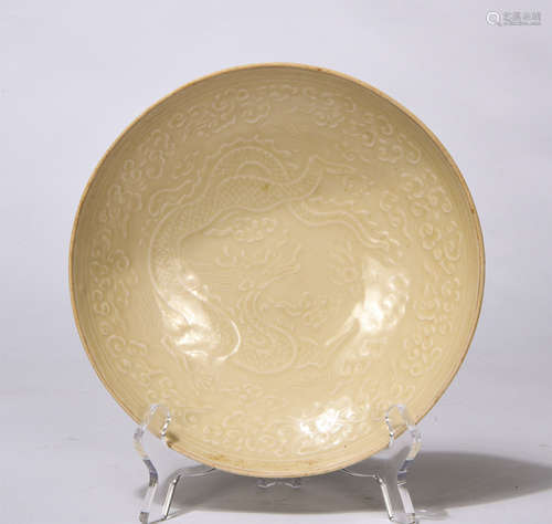 Chinese Ding Ware Engraved Dragon Pattern Porcelain Dish