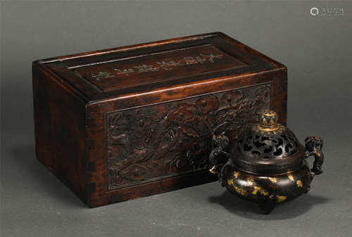 Chinese Bronze Inlaid Gold Furnace With Double Beast-Shaped Handles