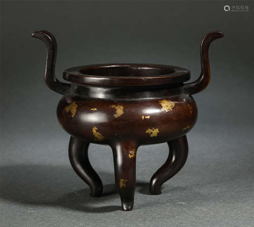 Chinese Bronze Double Handle Tripod Censer Inlaid With Gold-Decorations