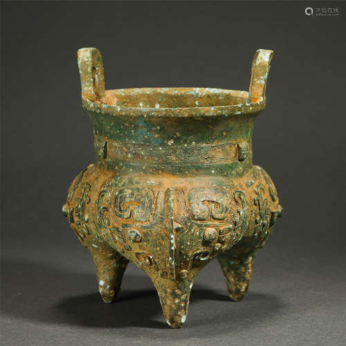 Chinese Bronze Tripod Censer With Double Handle And Beast Patterns