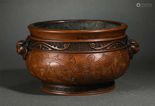 Chinese Bronze Double Beast Handle Censer Engraved With Phoenix Patterns