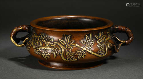 Chinese Bronze Double Handle Censer Engraved With Bamboo Patterns