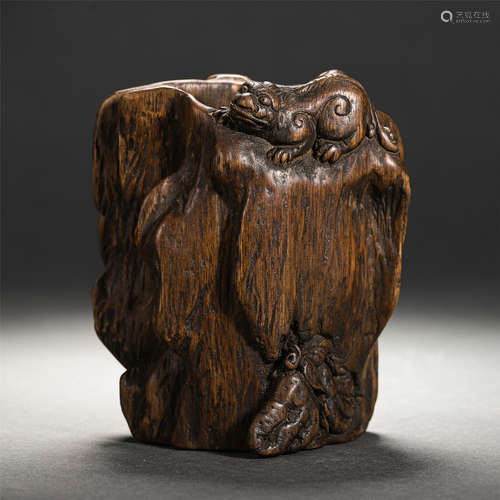 Chinese Agalwood Carved Ornament With Auspicious Beast Design