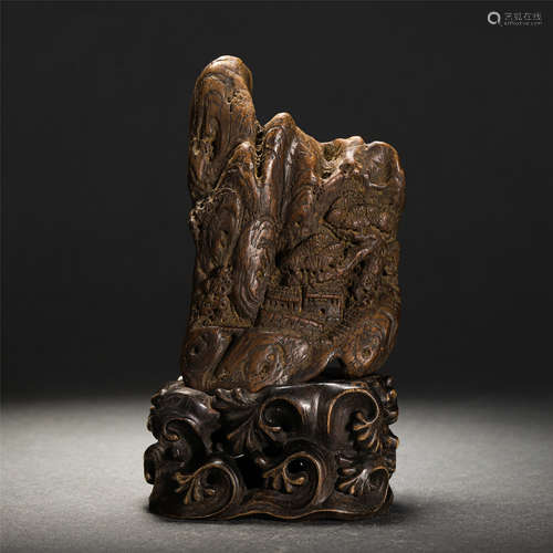 Chinese Agalwood Carved Landscape Ornament With Pedestal