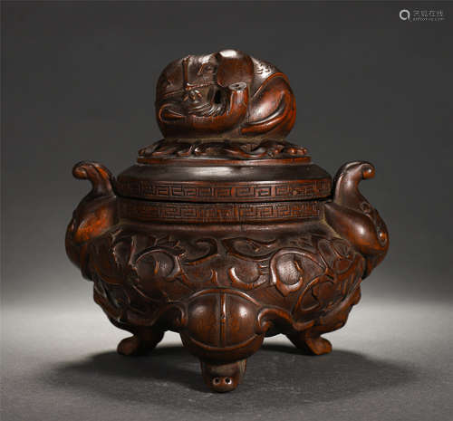 Chinese Agalwood Tripod Incense Burner Engraved With Animal Patterns