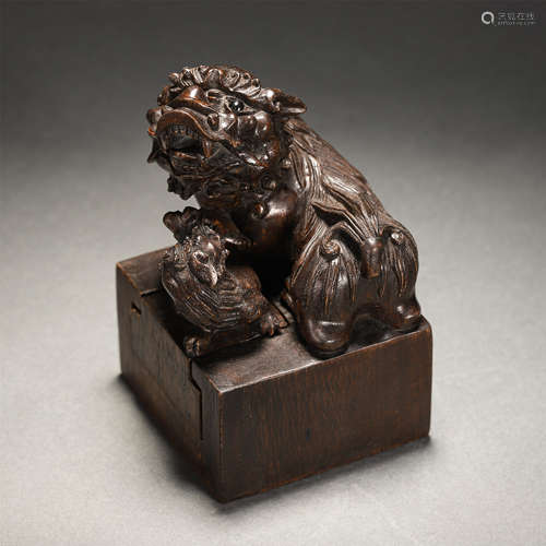 Chinese Agalwood Carved Seal With Beast’s Handle