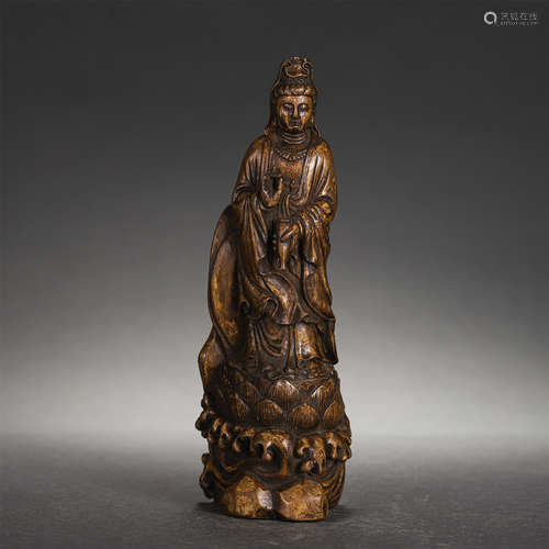 Chinese Agalwood Carved Figurine Of Buddha Standing On Lotus Pedestal