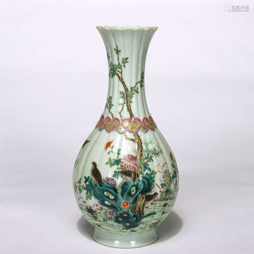 Chinese Famille Rose Flower And Bird Porcelain Yuhuchun Vase