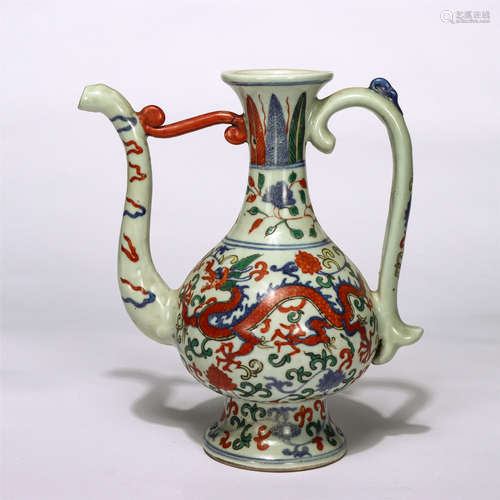 Chinese Blue White Wucai Dragon Pattern Porcelain Ewer