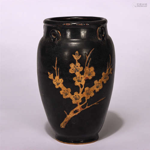 Chinese Black Ground Carved Plum Blossoms Porcelain Jar