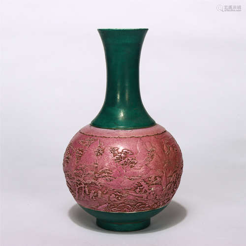 Chinese Green Glaze Engraved Landscape Porcelain Vase