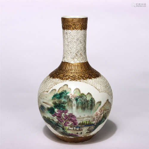 Chinese Famille Rose Landscape Gold Painted Globular Vase