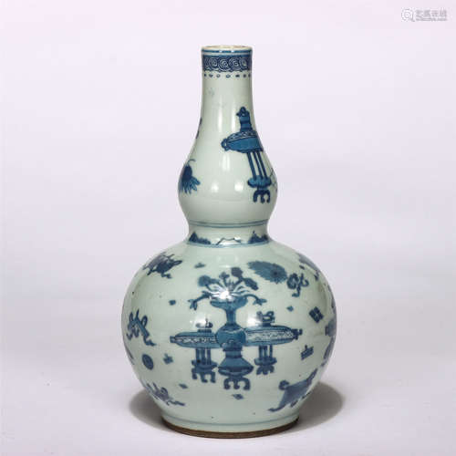 Chinese Blue White Eight Treasures Gourd Shape Vase