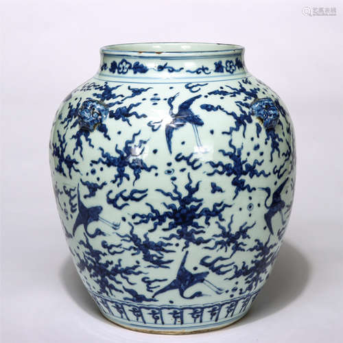 Chinese Blue White Crane Pattern Beast Handle Jar