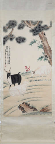 Chinese Painting Of Three Lucky-Goats Under The Pine Tree