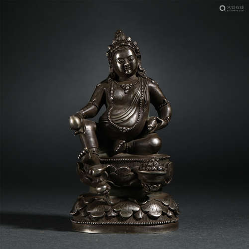 Chinese Silver Statue Of Jambhala Seated On Lotus Pedestal