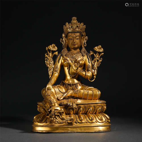 Chinese Gilt Bronze Buddha Statue Of Seated Avalokitesvara