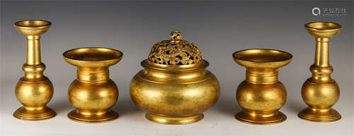 Set Of Five Chinese Gilt Bronze Buddhist Offerings