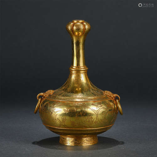 Chinese Gold Vase With Beast Patterns And Double Loop-Shaped Handles