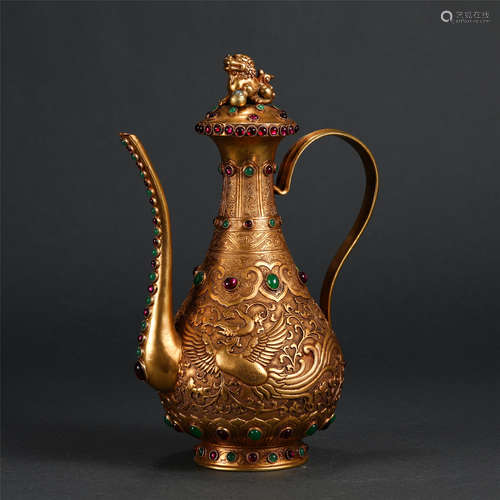 Chinese Gilt Bronze Ewer With Inlaid Gemstones And Phoenix Pattern