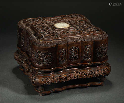 Chinese Red Sandalwood Lidded Box Inlaid With Jade “Shou” Pattern