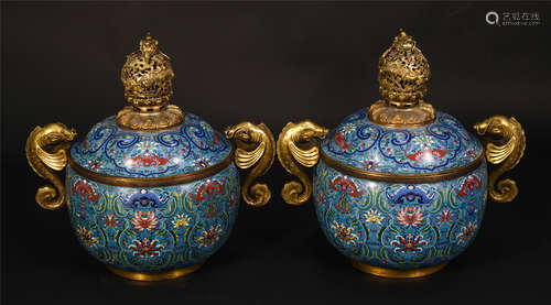 Pair Of Chinese Cloisonne Beast Handle Censers, Flower Patterns