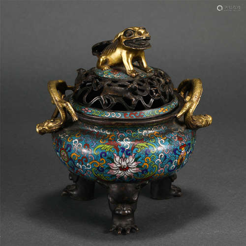 Chinese Cloisonne Tripod Censer With Flower And Beast Designs