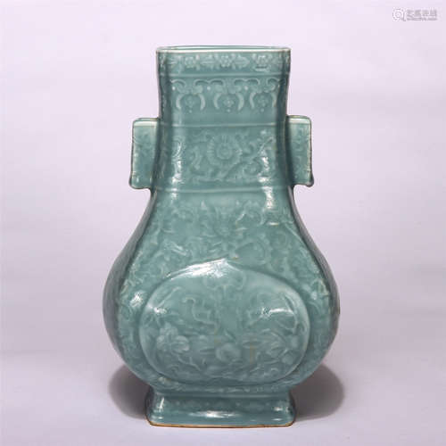 Chinese Sky Blue Glaze Double Handle Carved Flower Square Vase